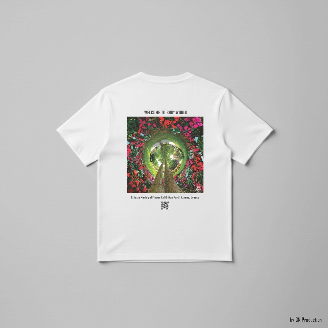 White art T-shirt featuring a floral inverted tiny-planet 360° artwork from the Kifissia Municipal Flower Exhibition, Athens, with QR code and GN Production signature.