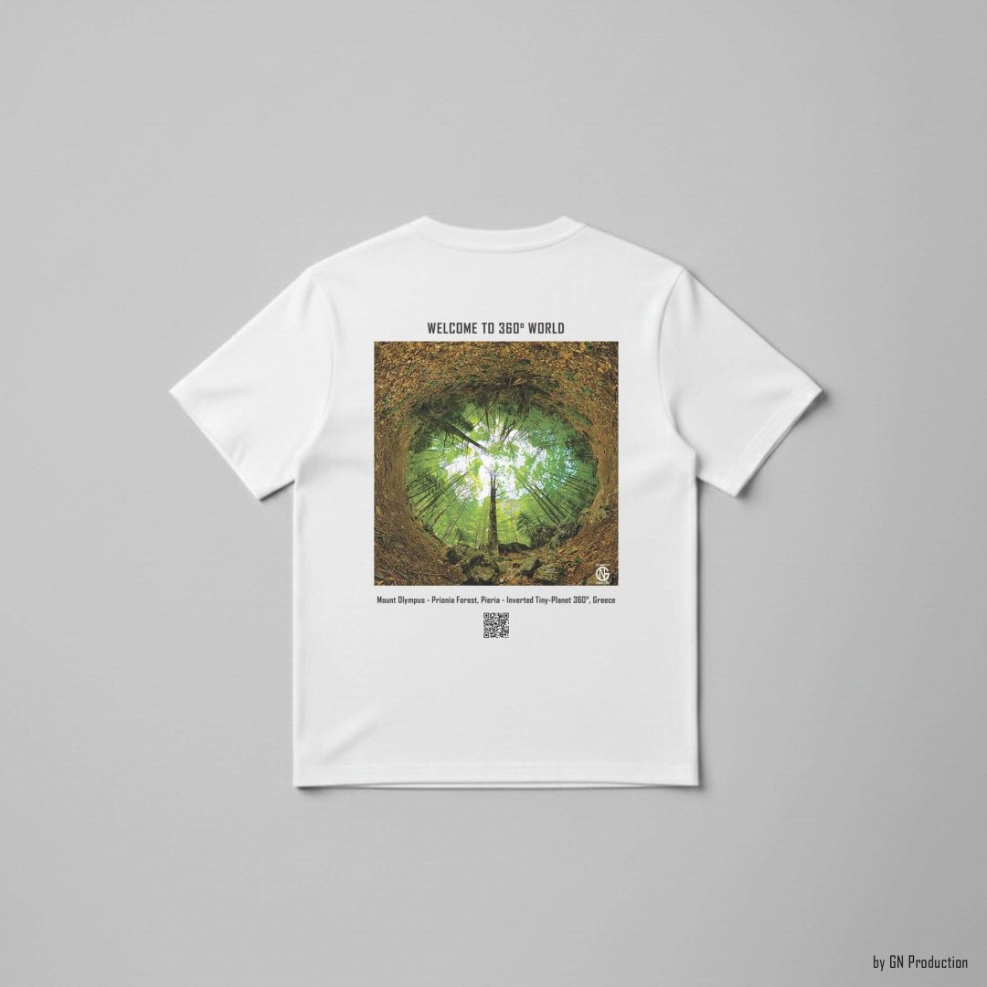 White Art T-Shirt flat lay with Mount Olympus – Prionia Forest inverted tiny-planet 360° design, green forest ring and upward tree trunks, GN Production.