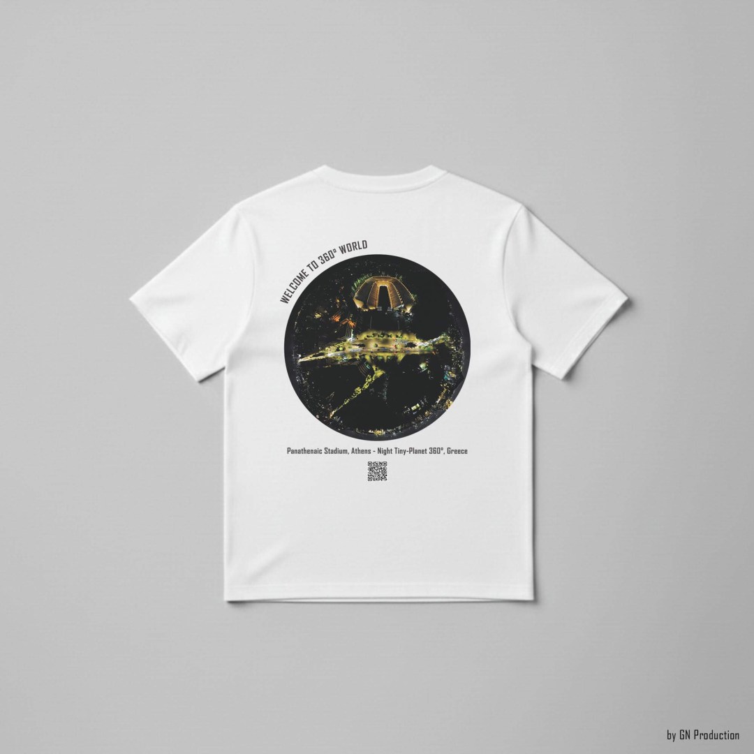 White art T-shirt featuring Panathenaic Stadium Athens night tiny-planet 360° artwork with illuminated marble stadium and QR code.