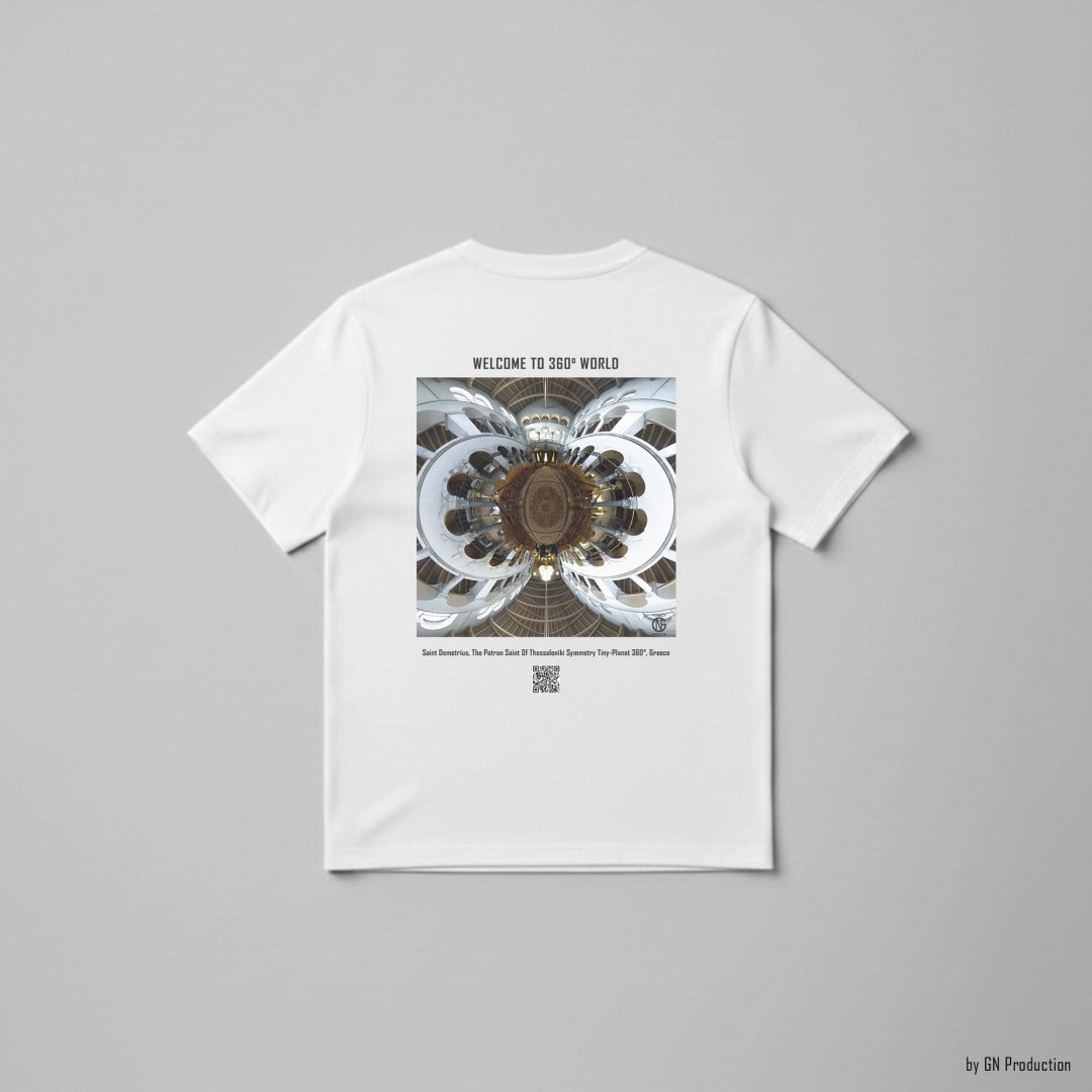 White art t-shirt displaying Saint Demetrius church interior as a Symmetry Tiny-Planet 360° artwork, Thessaloniki, Greece.