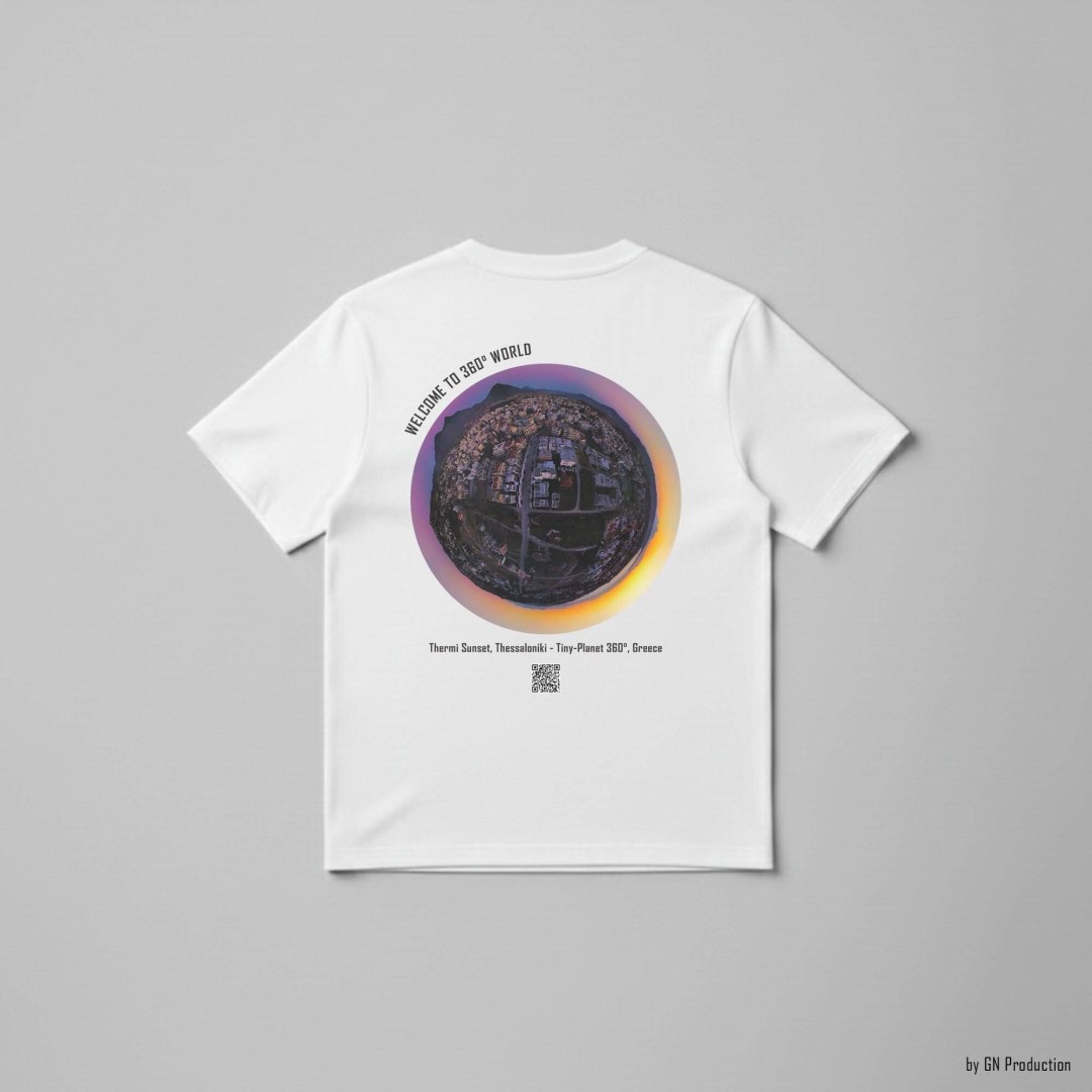 White art T-shirt flat lay with Thermi Sunset, Thessaloniki tiny-planet 360° artwork, minimalist Greek art apparel by GN Production.