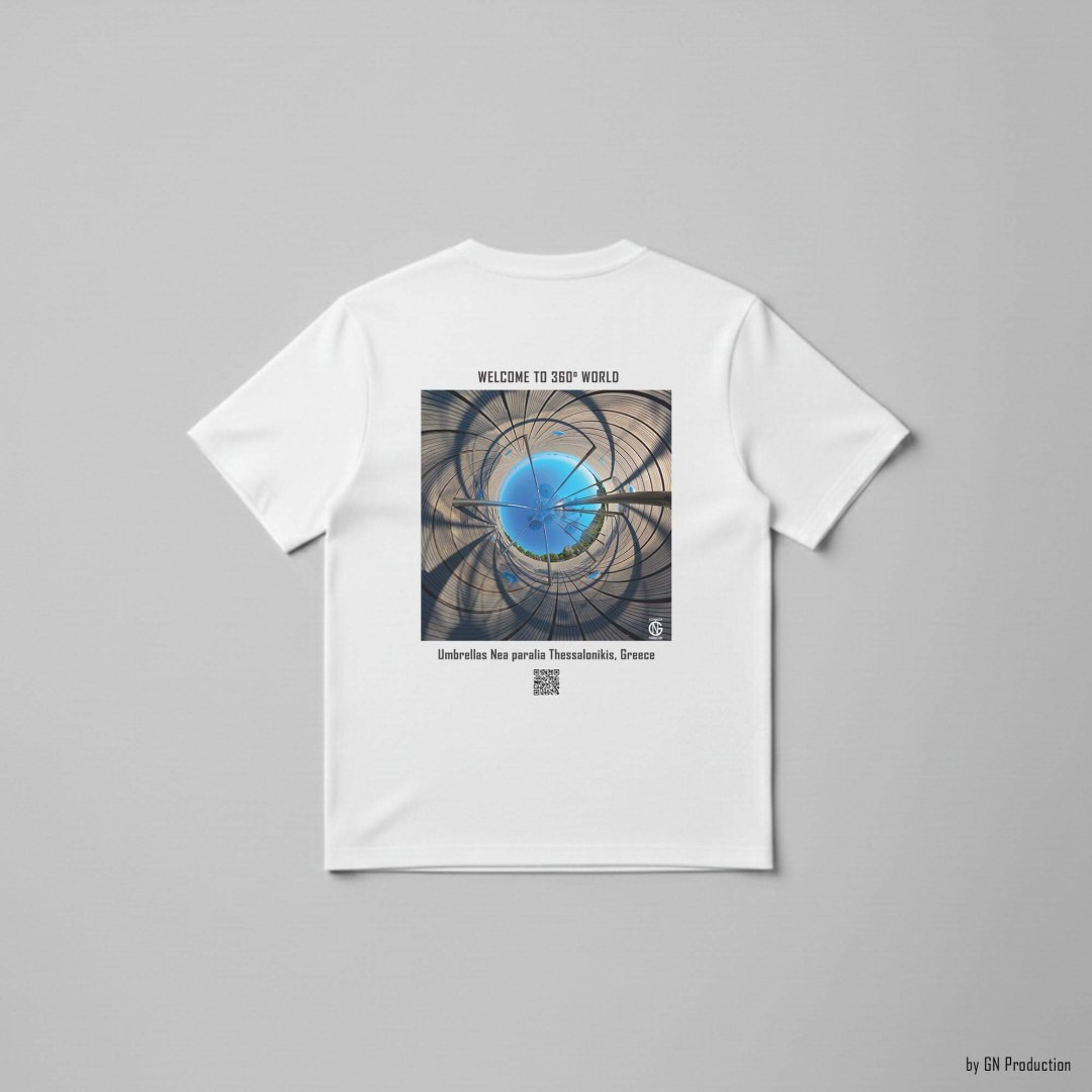 White art t-shirt featuring inverted tiny-planet 360° artwork of the Umbrellas sculpture at Nea Paralia, Thessaloniki.