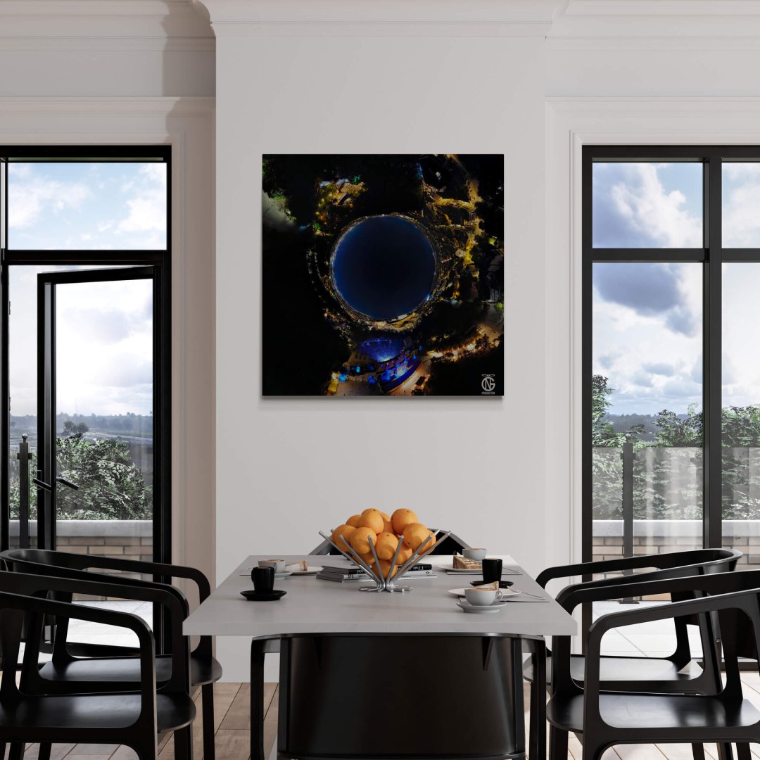 Dining room with night 360° canvas of Herodes Atticus Odeon — Athens heritage art