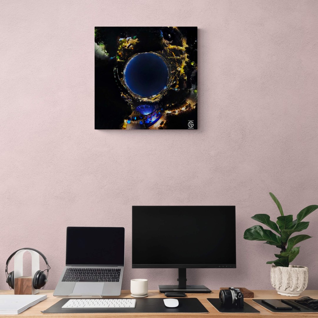 Home office featuring tiny-planet 360° canvas — Herodes Atticus Odeon at night