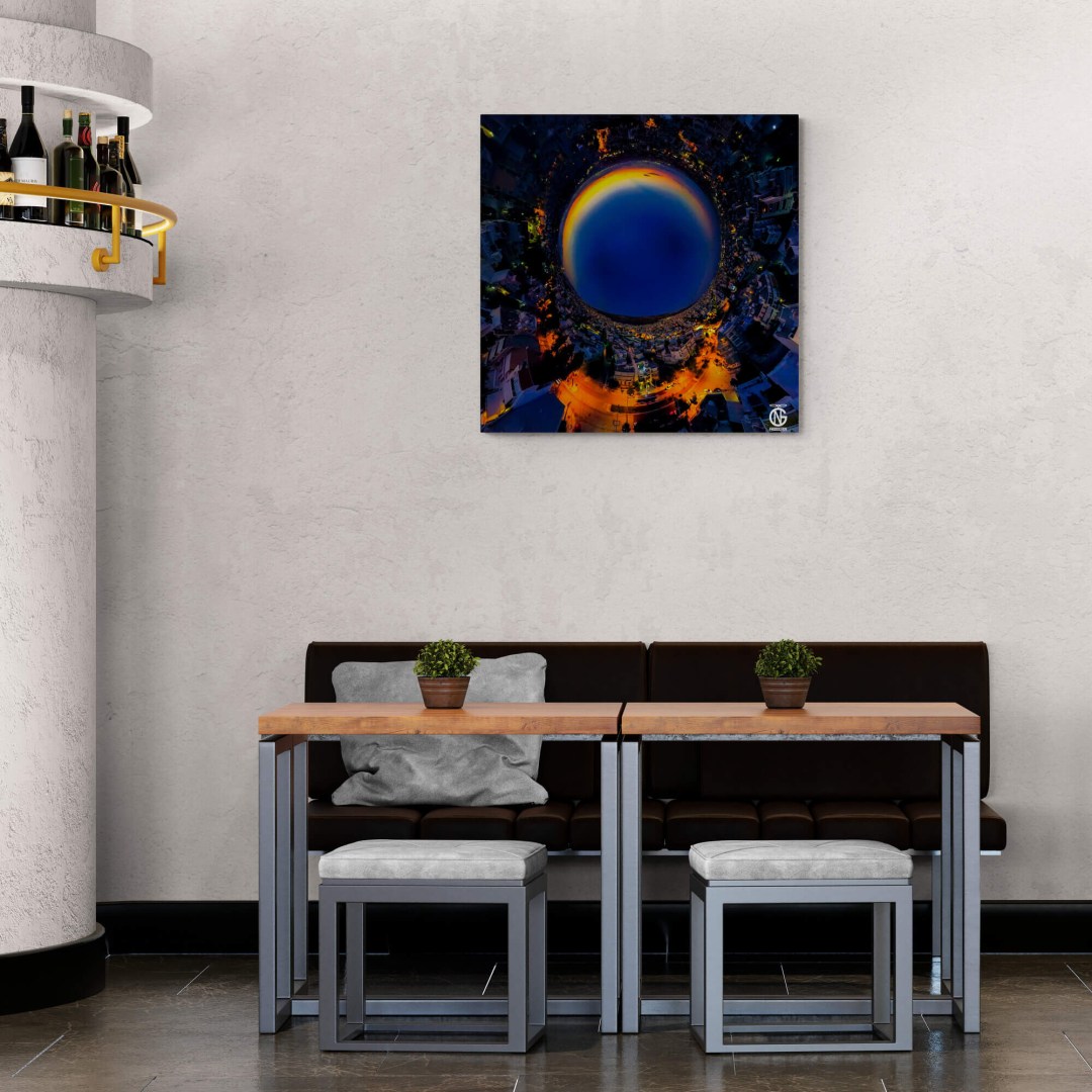 Dining corner with inverted-night 360° canvas — Ilioupoli, Athens urban art