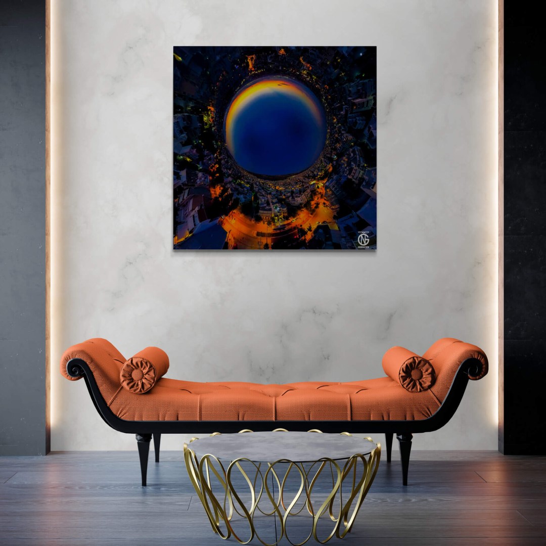 Luxury lounge with dramatic tiny-planet 360° canvas — Ilioupoli at night