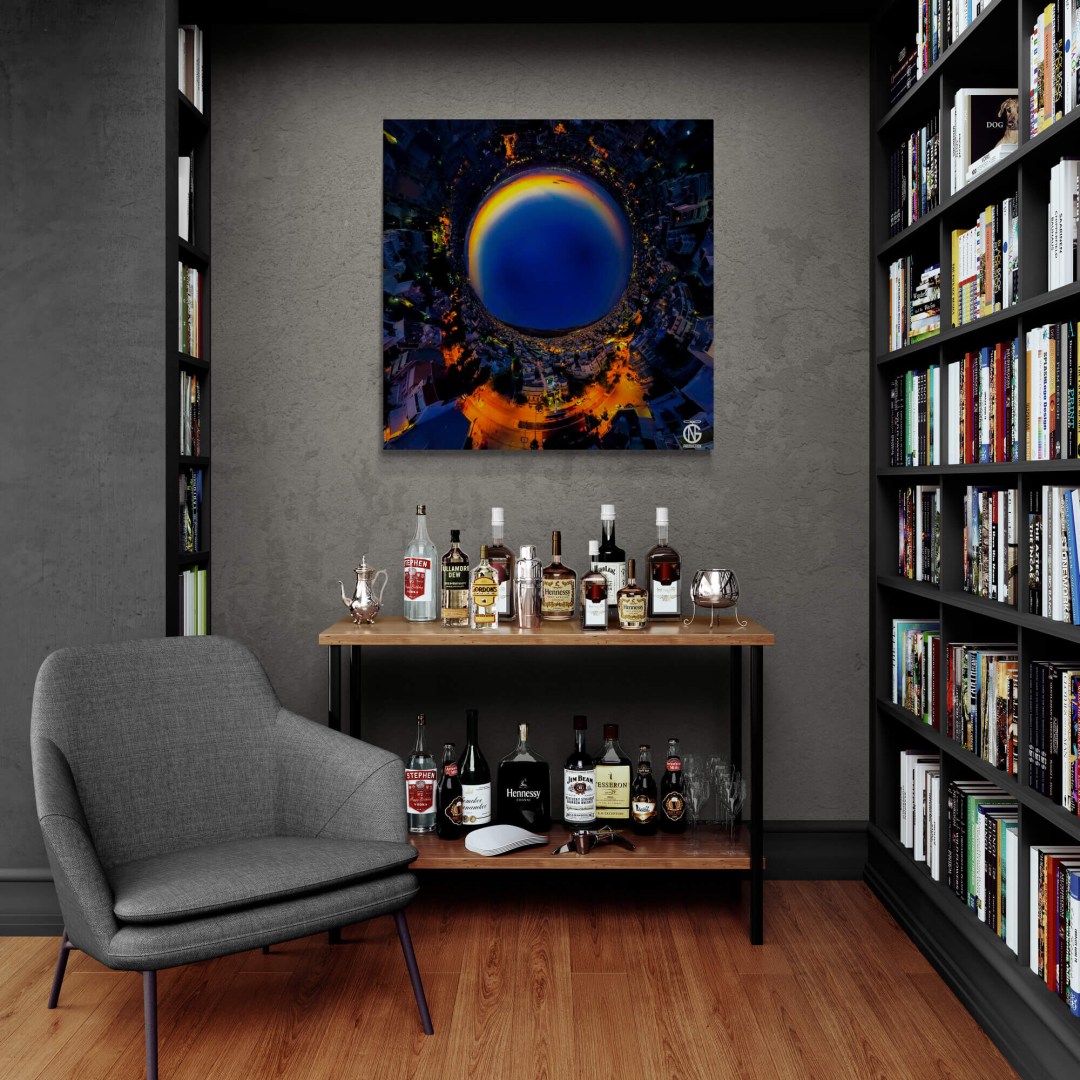 Home bar/library featuring inverted-night 360° canvas — Ilioupoli, Athens