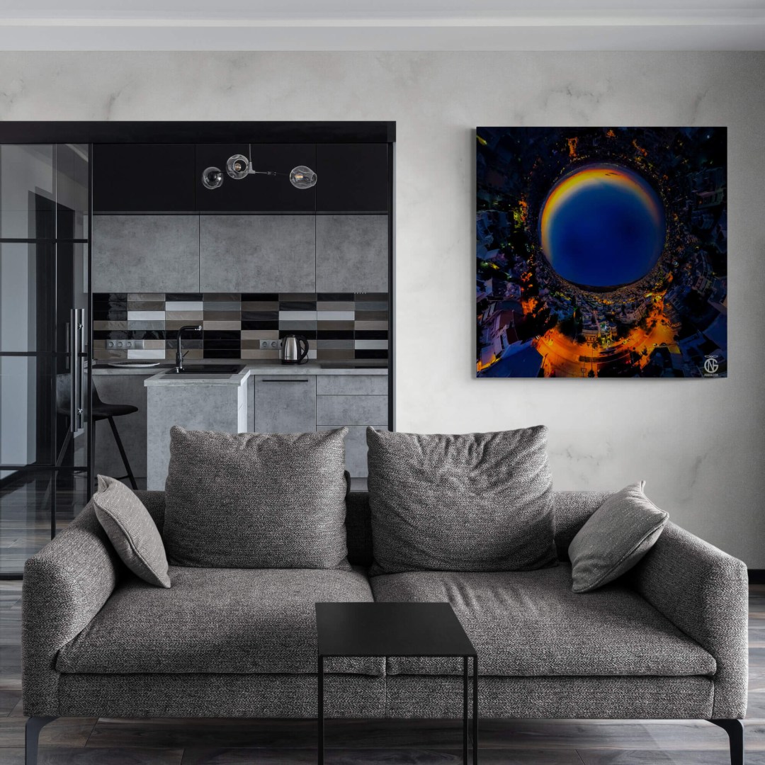 Modern living room with urban glow 360° canvas — Ilioupoli, Athens
