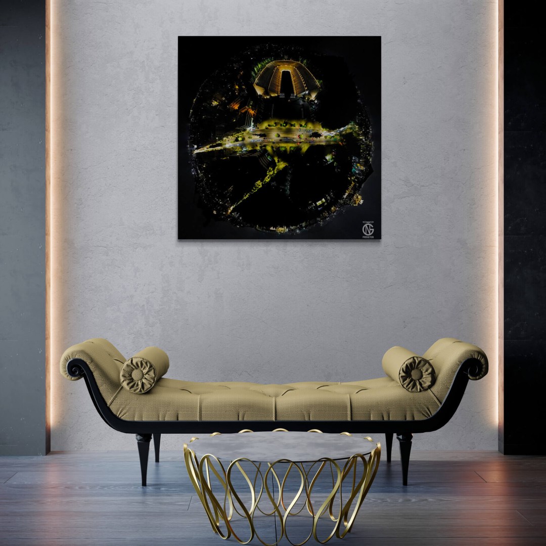 Panathenaic Stadium Athens night tiny-planet 360° canvas displayed above a luxury chaise lounge.