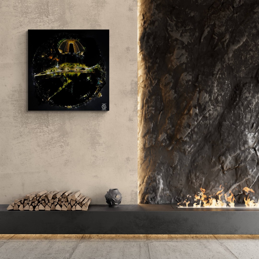 Panathenaic Stadium Athens night tiny-planet canvas beside a stone fireplace in a modern living room.