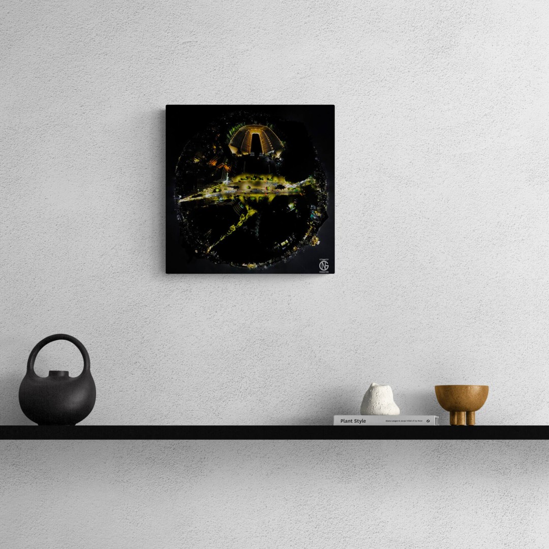 Close-up of the Panathenaic Stadium Athens night tiny-planet canvas on a minimalist wall shelf.