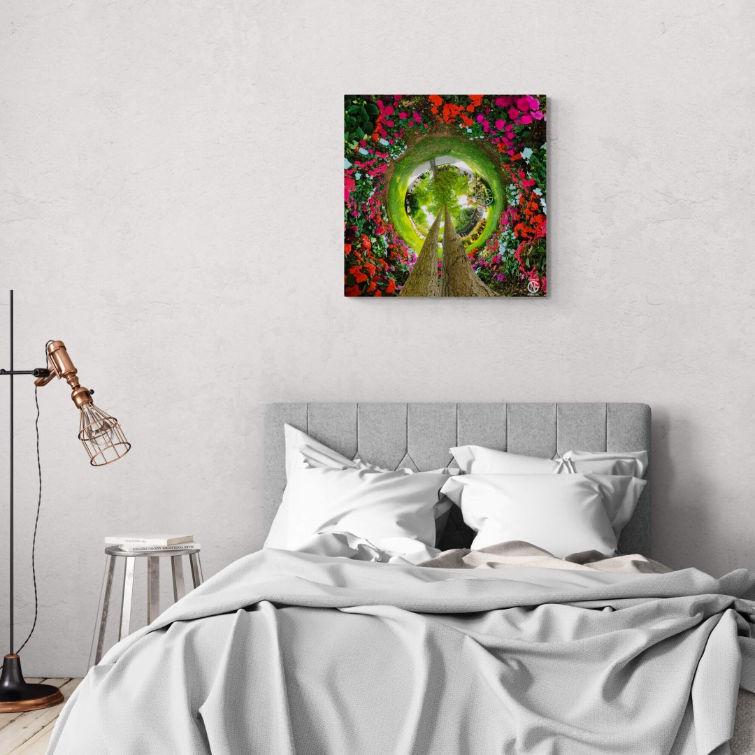 Kifissia Flower Exhibition tiny-planet 360° canvas adding color to a bedroom interior.