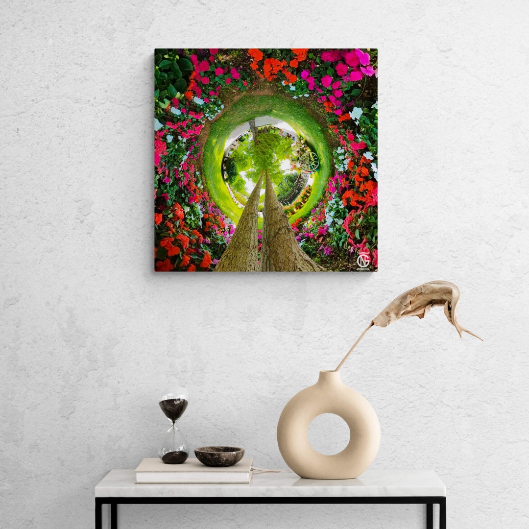 Close view of the floral tiny-planet 360° canvas styled above a console table.