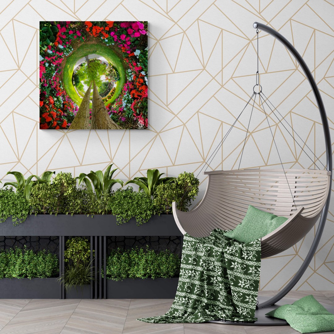 Floral tiny-planet 360° canvas shown in a greenery-inspired seating corner.