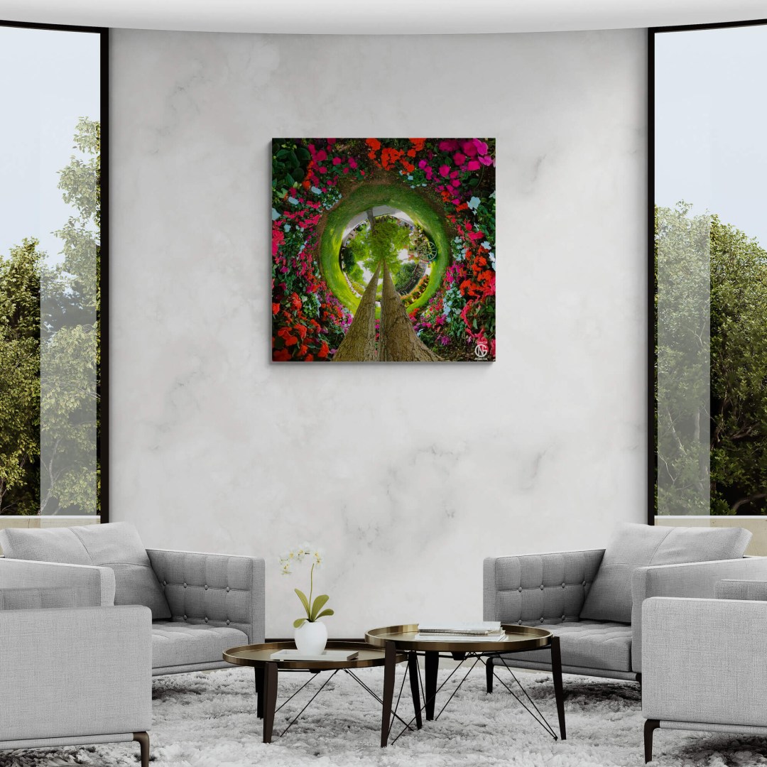 Floral tiny-planet 360° canvas from Kifissia Exhibition displayed in a modern living room wall.