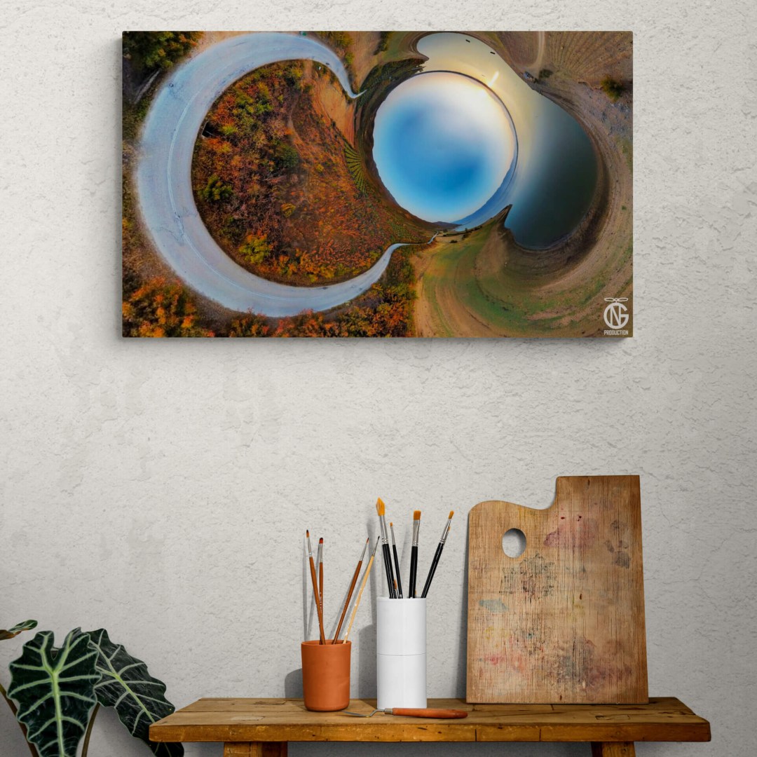 Lake Kerkini 360° canvas displayed above an artist’s wooden table with brushes and palette – handmade art decor by GN Production.