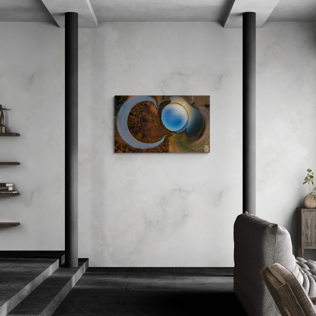 Large modern living room with marble walls and pillars featuring Lake Kerkini 360° canvas art by GN Production.