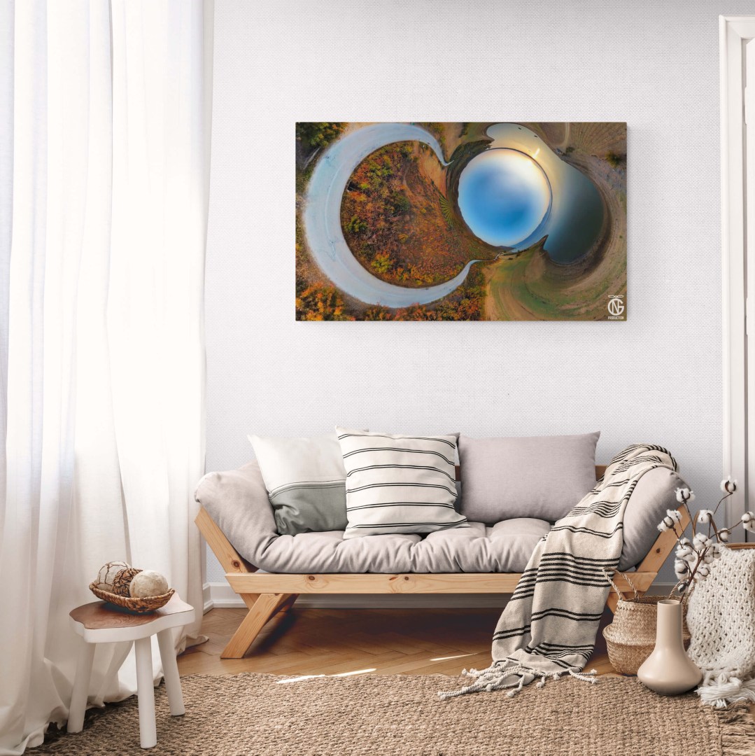 Cozy minimal living room with neutral tones and Lake Kerkini reverse sunset road canvas mounted on the wall.