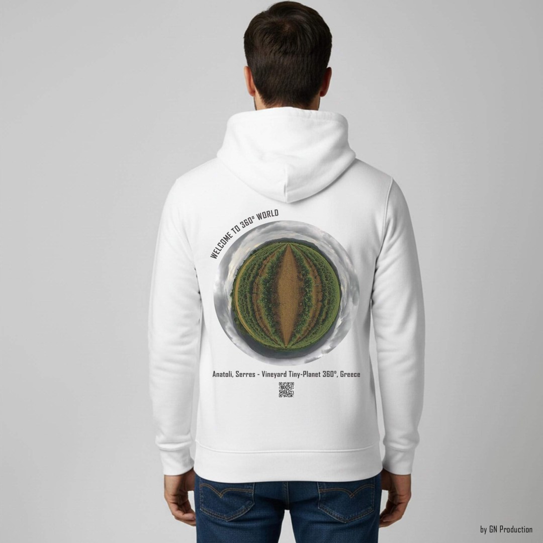 Man wearing white 360° Art Hoodie featuring Anatoli, Serres vineyard tiny-planet 360° artwork inspired by Macedonia’s vineyard landscape.