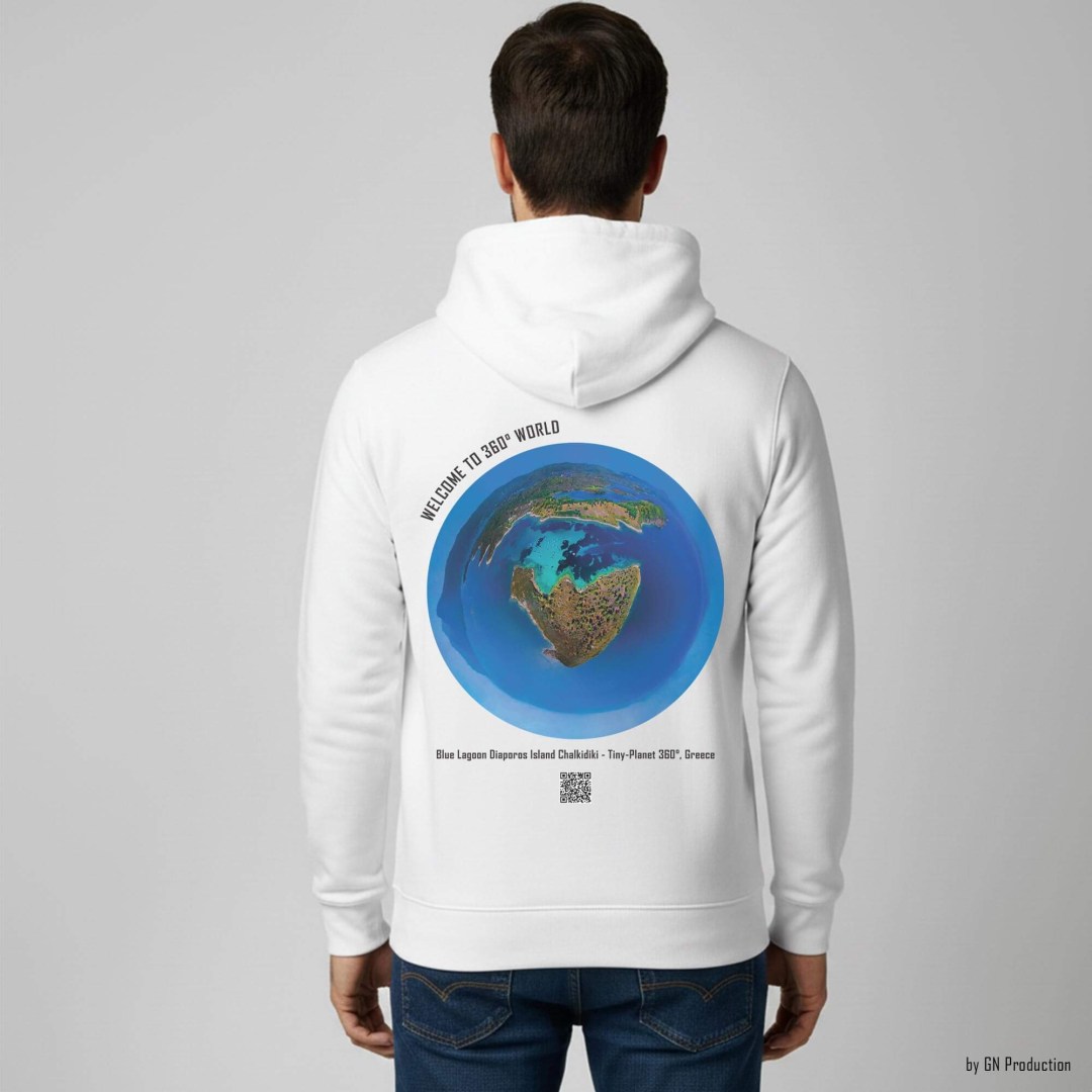 Man wearing white Blue Lagoon Diaporos Island tiny-planet 360° art hoodie with turquoise sea drone artwork.