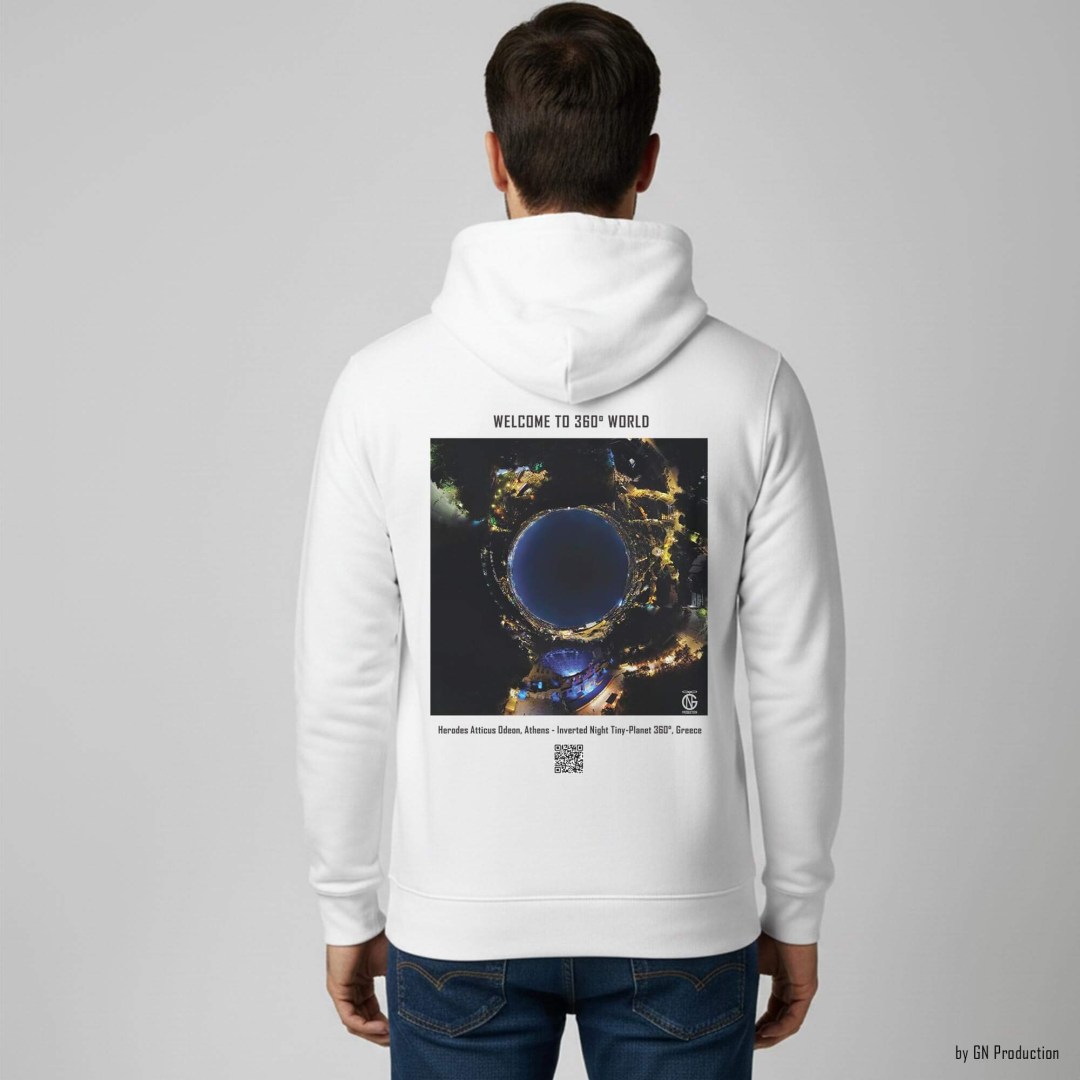 Man wearing white 360° art hoodie with Herodes Atticus Odeon, Athens inverted night tiny-planet 360° drone artwork. Handmade in Greece.