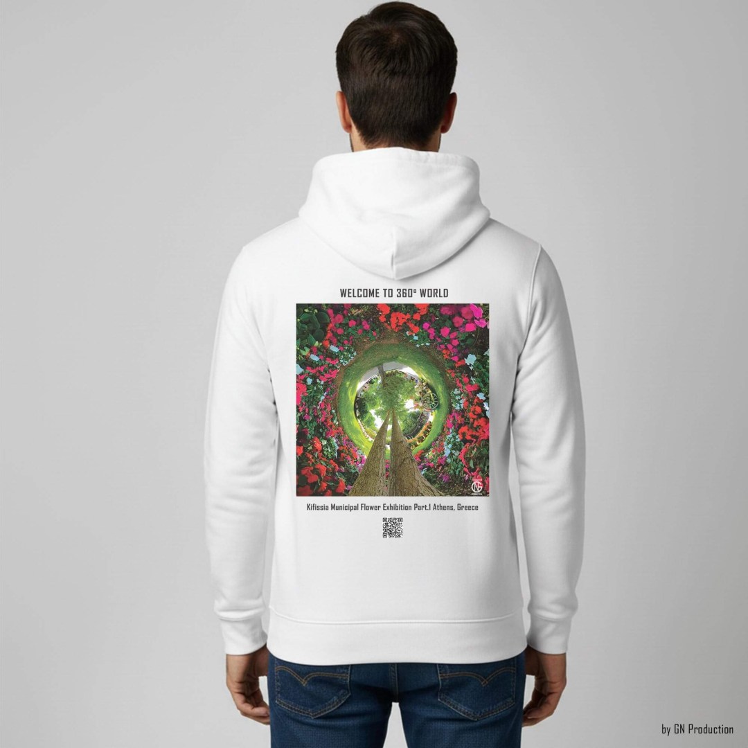 Man wearing white 360° floral art hoodie, back view, featuring Kifissia Flower Exhibition inverted tiny-planet (Eros Part I), bold circular floral composition, Handmade in Greece.