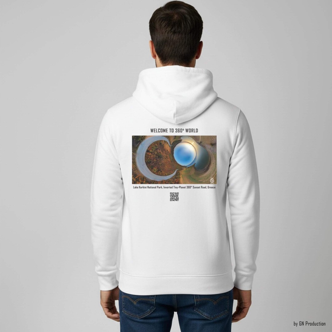 Man wearing white art hoodie with Lake Kerkini National Park inverted tiny-planet 360° sunset road design.