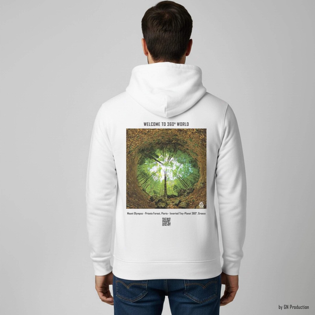 Man wearing white art hoodie with Mount Olympus Prionia Forest inverted tiny-planet 360° design.