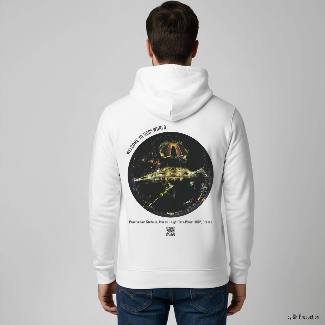 Man wearing white Panathenaic Stadium Athens night tiny-planet 360° art hoodie with illuminated stadium drone artwork.