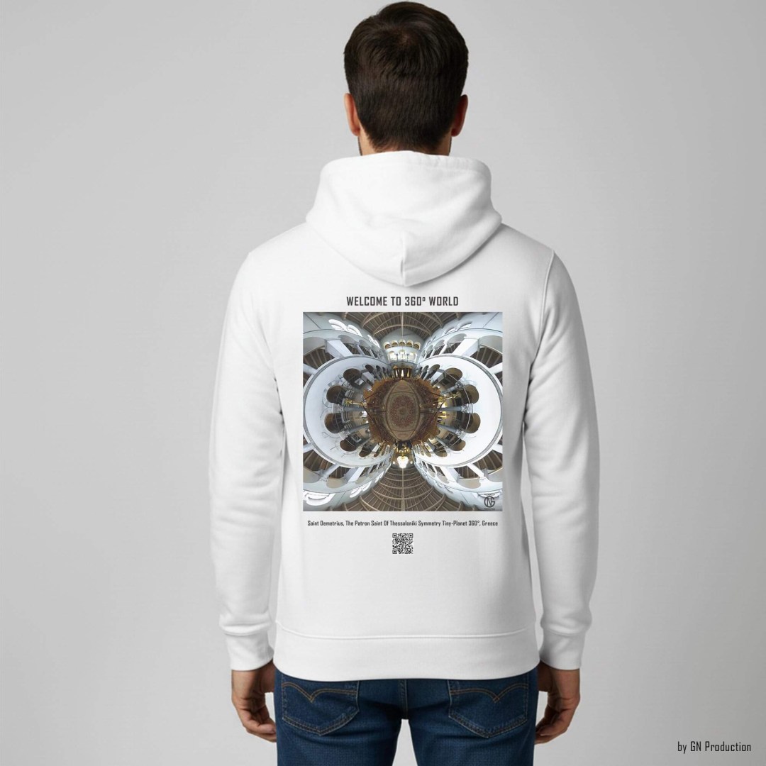 Man wearing white 360° art hoodie with Saint Demetrius Church, Thessaloniki Symmetry Tiny-Planet 360° architectural artwork. Handmade in Greece.