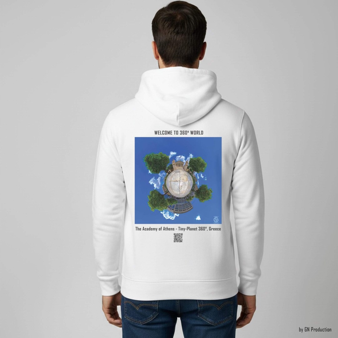 Man wearing white 360° art hoodie with the Academy of Athens, Akadimias Street Tiny-Planet 360° neoclassical architecture artwork. Handmade in Greece.
