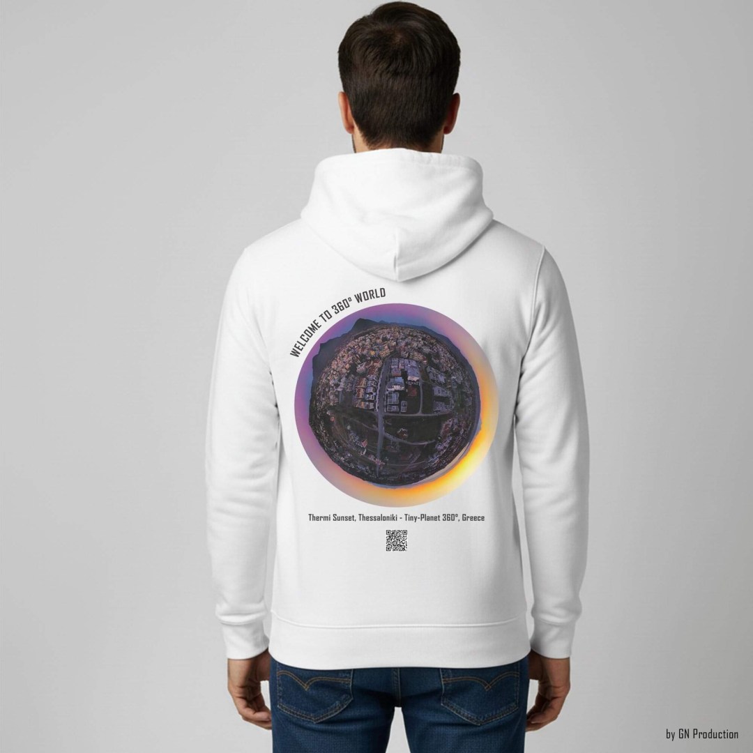 Man wearing white 360° Art Hoodie with Thermi Sunset Thessaloniki tiny-planet 360° artwork on the back, sunset drone view Greece.