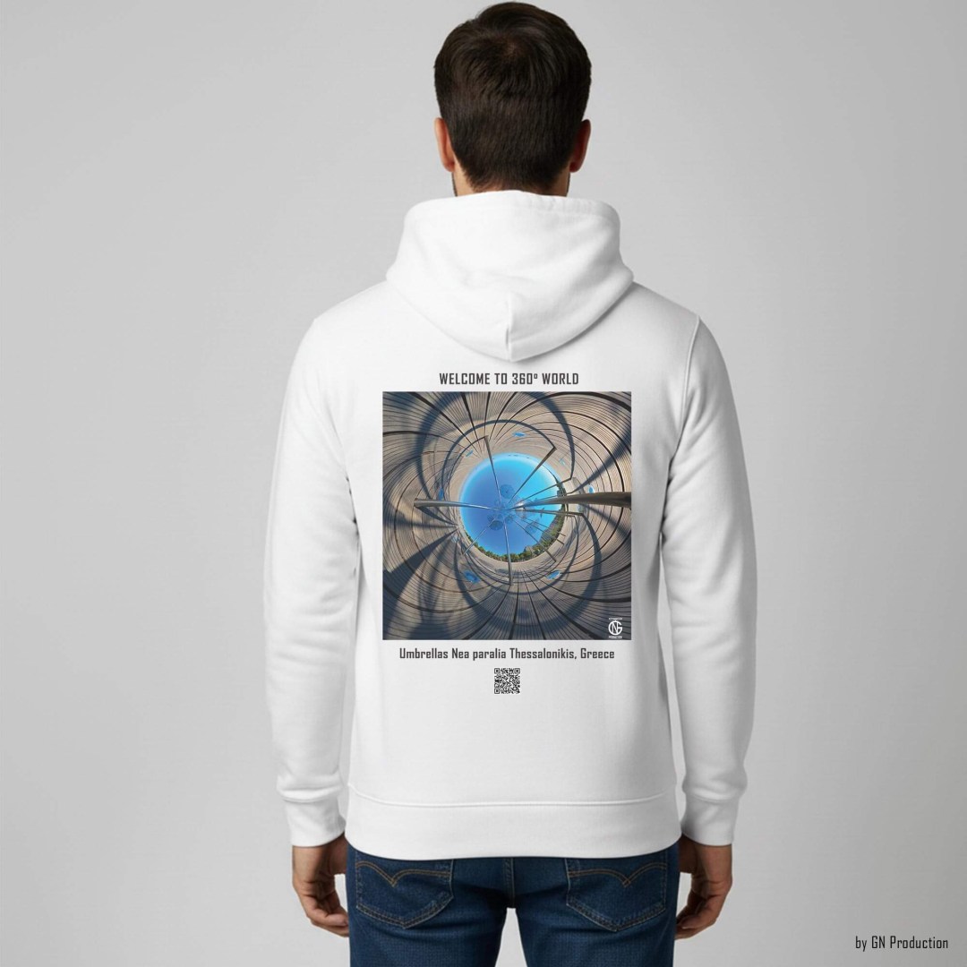 Man model wearing white hoodie with inverted tiny-planet 360° Umbrellas artwork, Thessaloniki Greece.