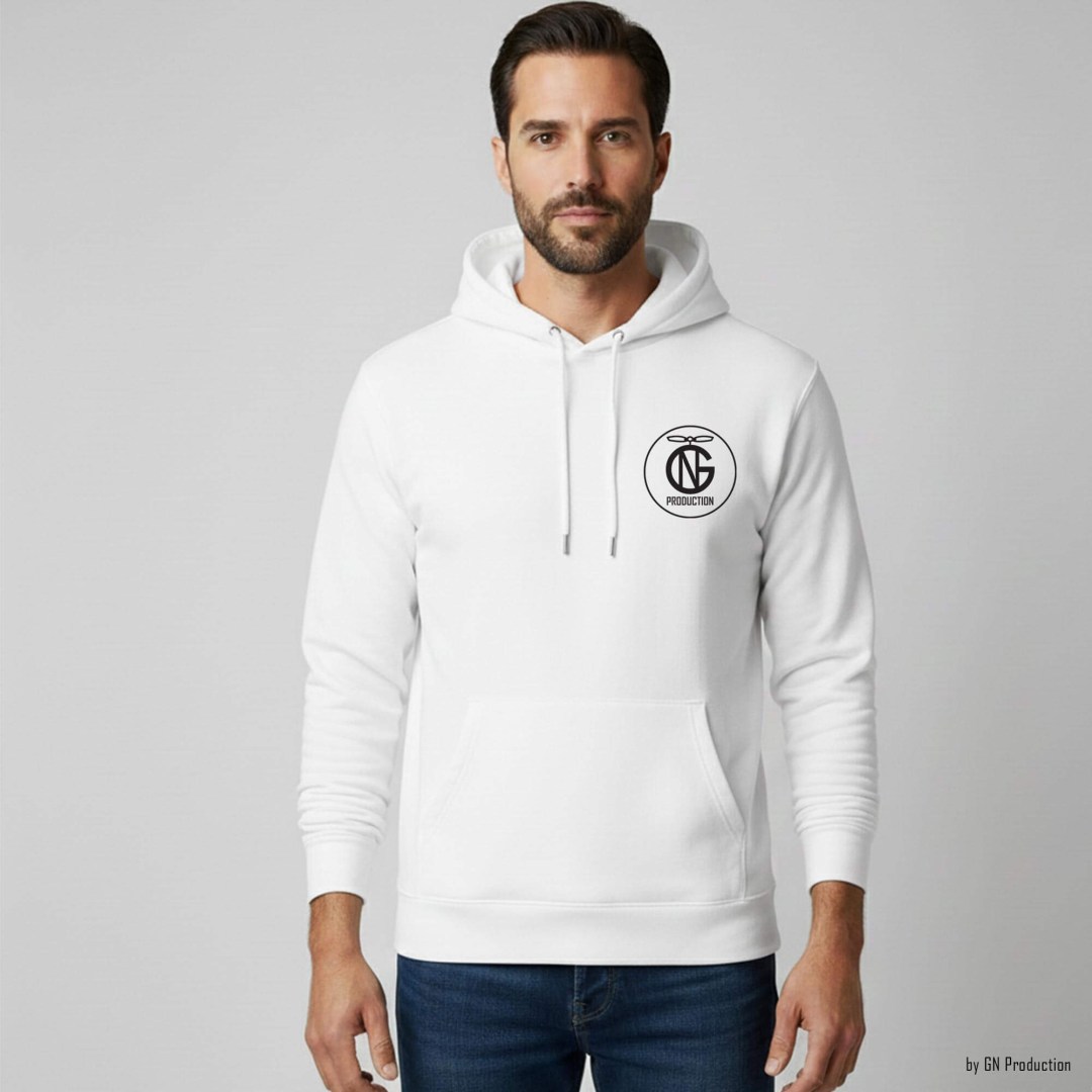 White hoodie with GN Production logo on chest – 360° art apparel designed and handmade in Greece.
