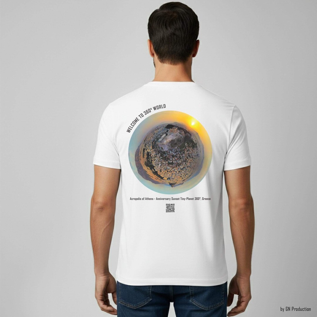 Man model wearing white art t-shirt with Acropolis of Athens anniversary sunset tiny-planet 360° artwork, back view, Greece