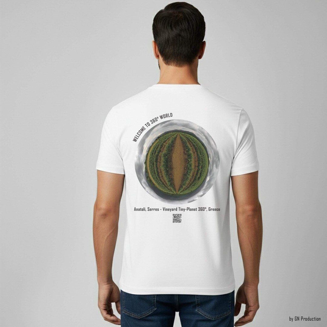 Man model wearing white art T-shirt with Anatoli, Serres vineyard tiny-planet 360° artwork, back view, Greece