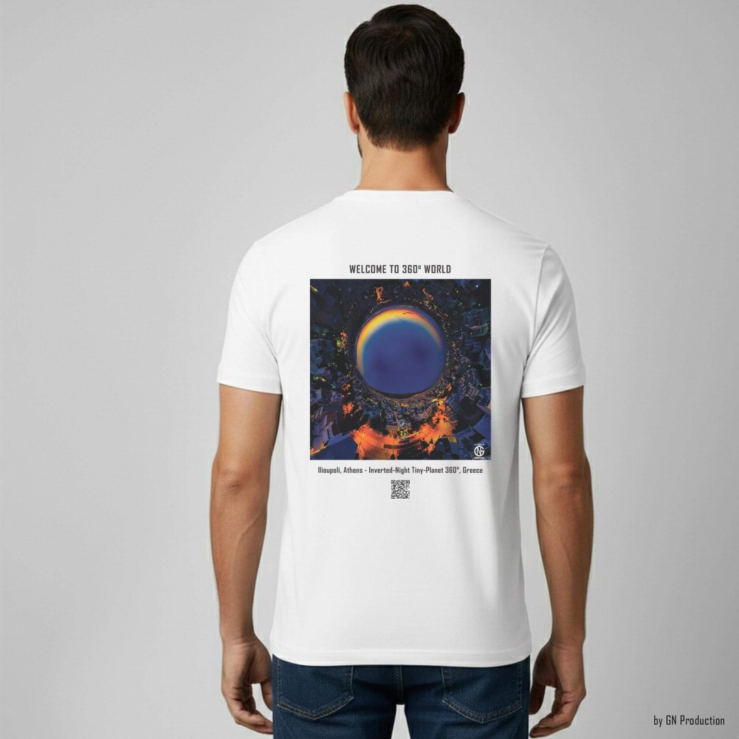Man wearing a white art T-shirt displaying an inverted-night tiny-planet 360° view of Ilioupoli, Athens, with circular city lights and night atmosphere.