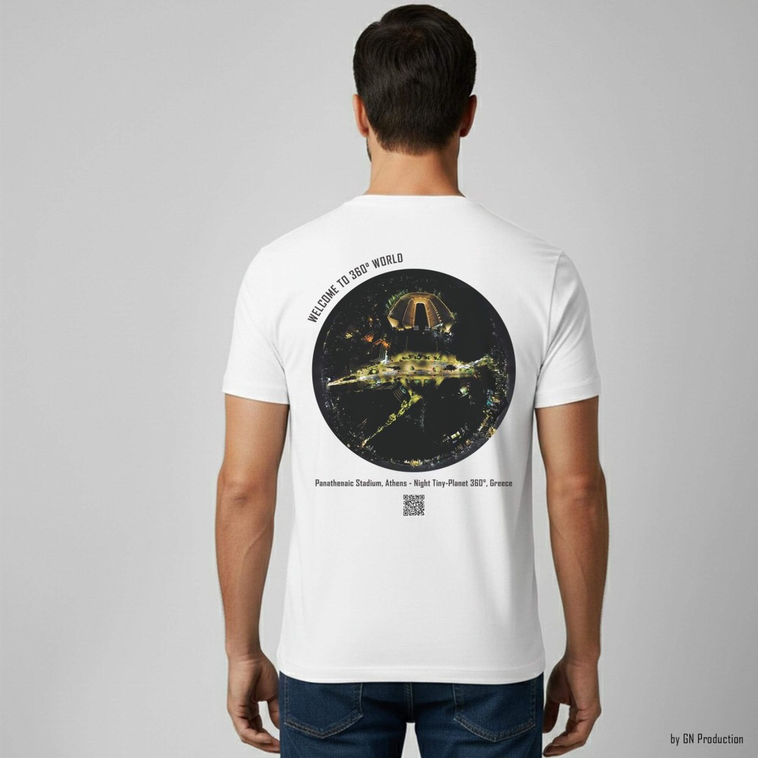 Man model wearing white art T-shirt with Panathenaic Stadium Athens night tiny-planet 360° print on the back.