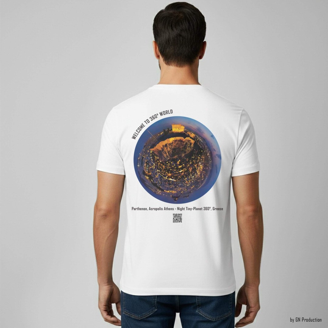 Man wearing white art t-shirt with Parthenon Acropolis Athens night tiny-planet 360° design printed on the back