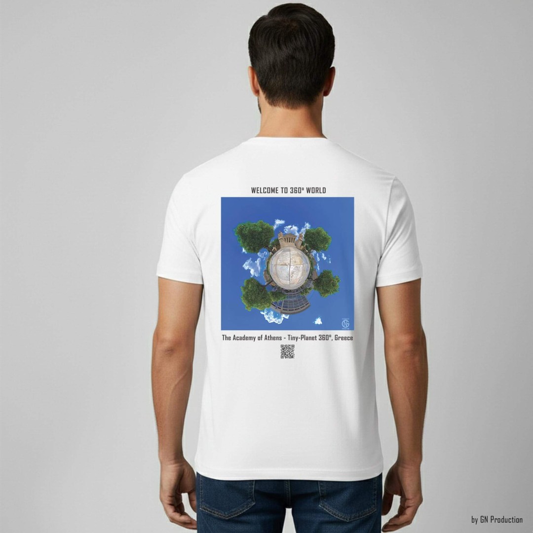 Man model wearing white art T-shirt with tiny-planet 360° print of the Academy of Athens, Akadimias Street, Greek neoclassical landmark by GN Production.
