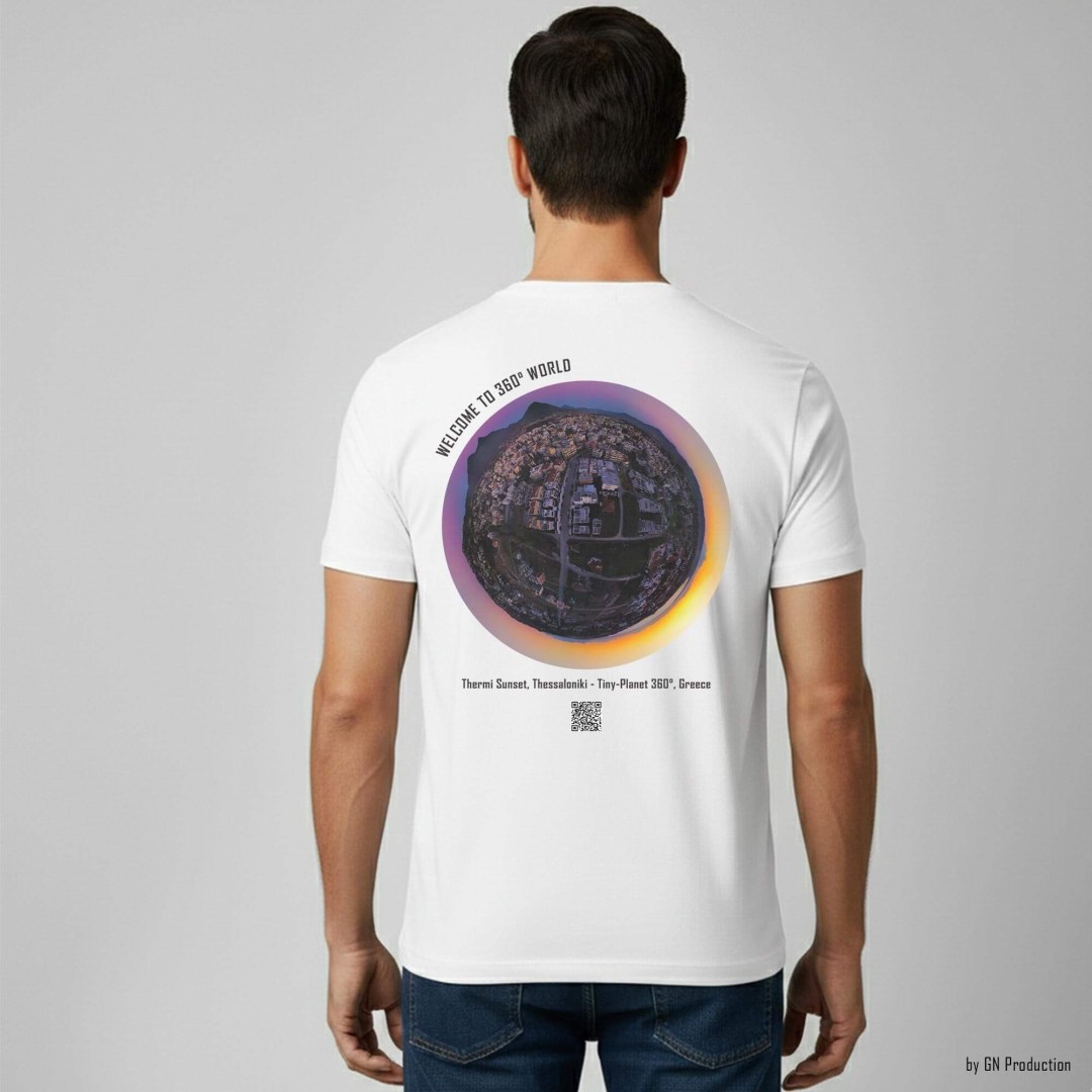 Man wearing white art T-shirt with Thermi Sunset, Thessaloniki tiny-planet 360° print on the back, GN Production Greek art wear.