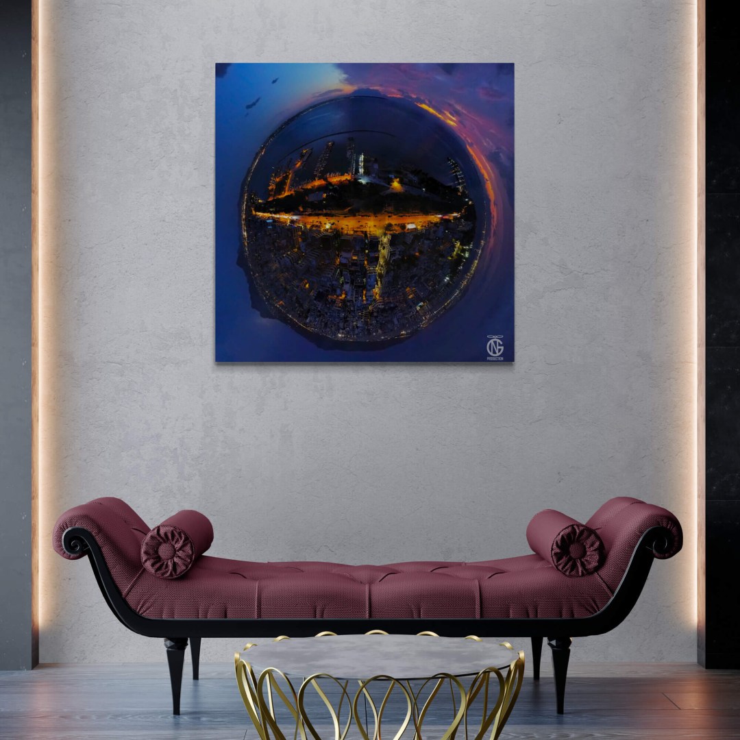 Night tiny-planet 360° drone shot of Aretsou Marina above a contemporary lounge sofa.