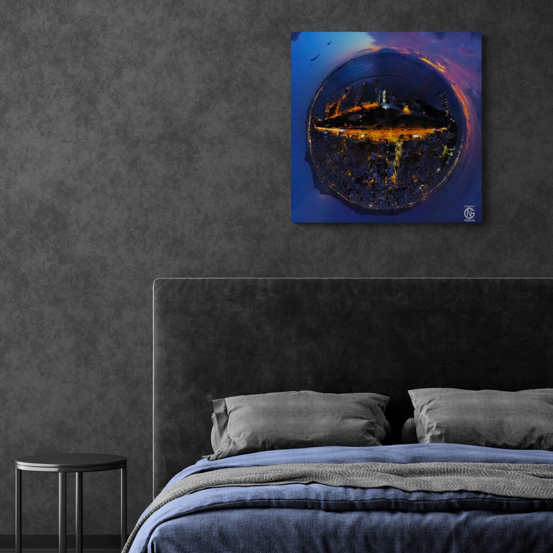 Aretsou Marina night tiny-planet canvas bringing deep blues and city lights to a minimalist bedroom.