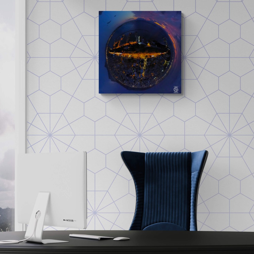 Night-drone tiny-planet 360° Aretsou Marina artwork in a clean office workspace.