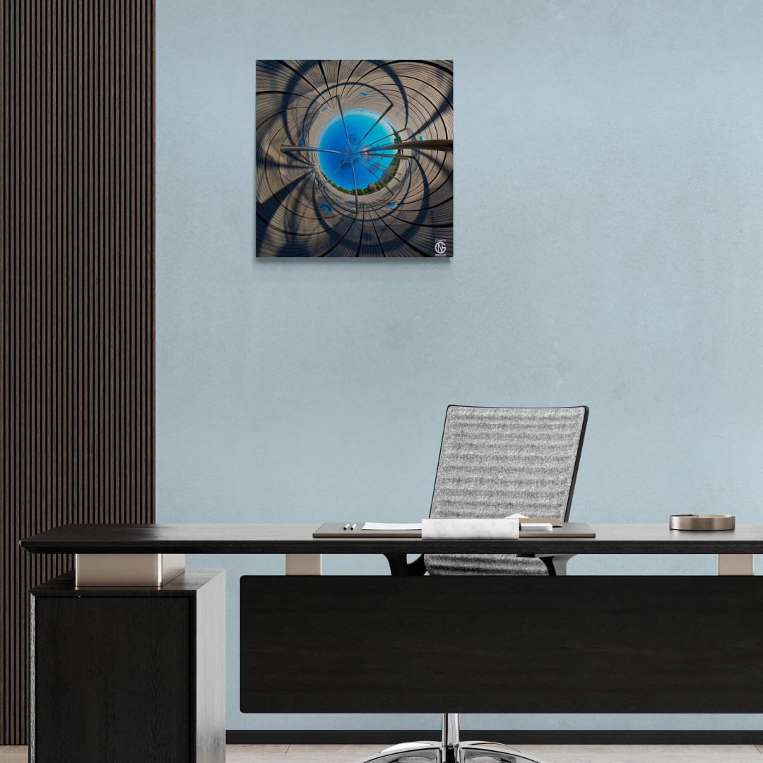 Abstract 360° Umbrellas canvas displayed above a minimalist office desk.