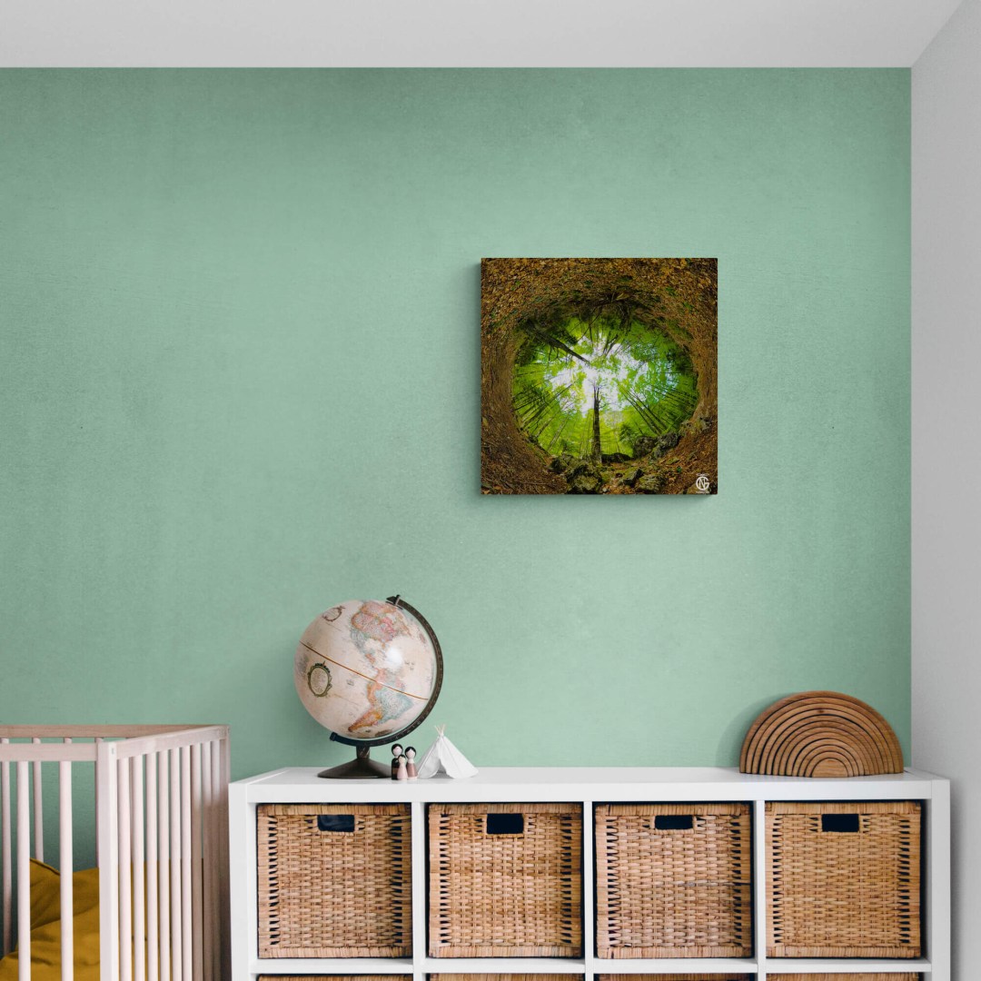 Nature-themed nursery featuring the Prionia forest inverted tiny-planet canvas.