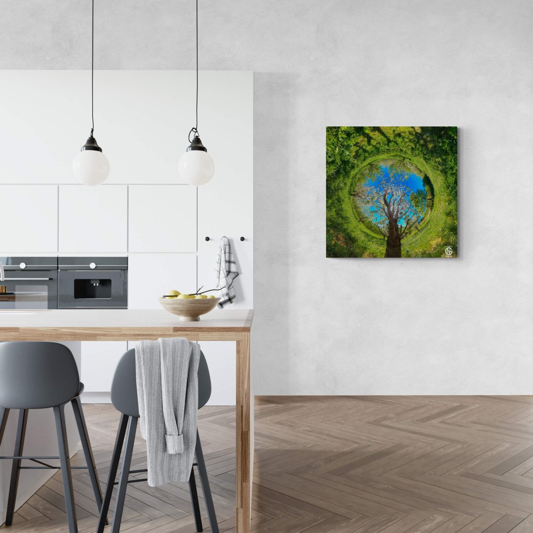 Inverted tiny-planet cherry-orchard canvas adding natural color to a bright kitchen wall.