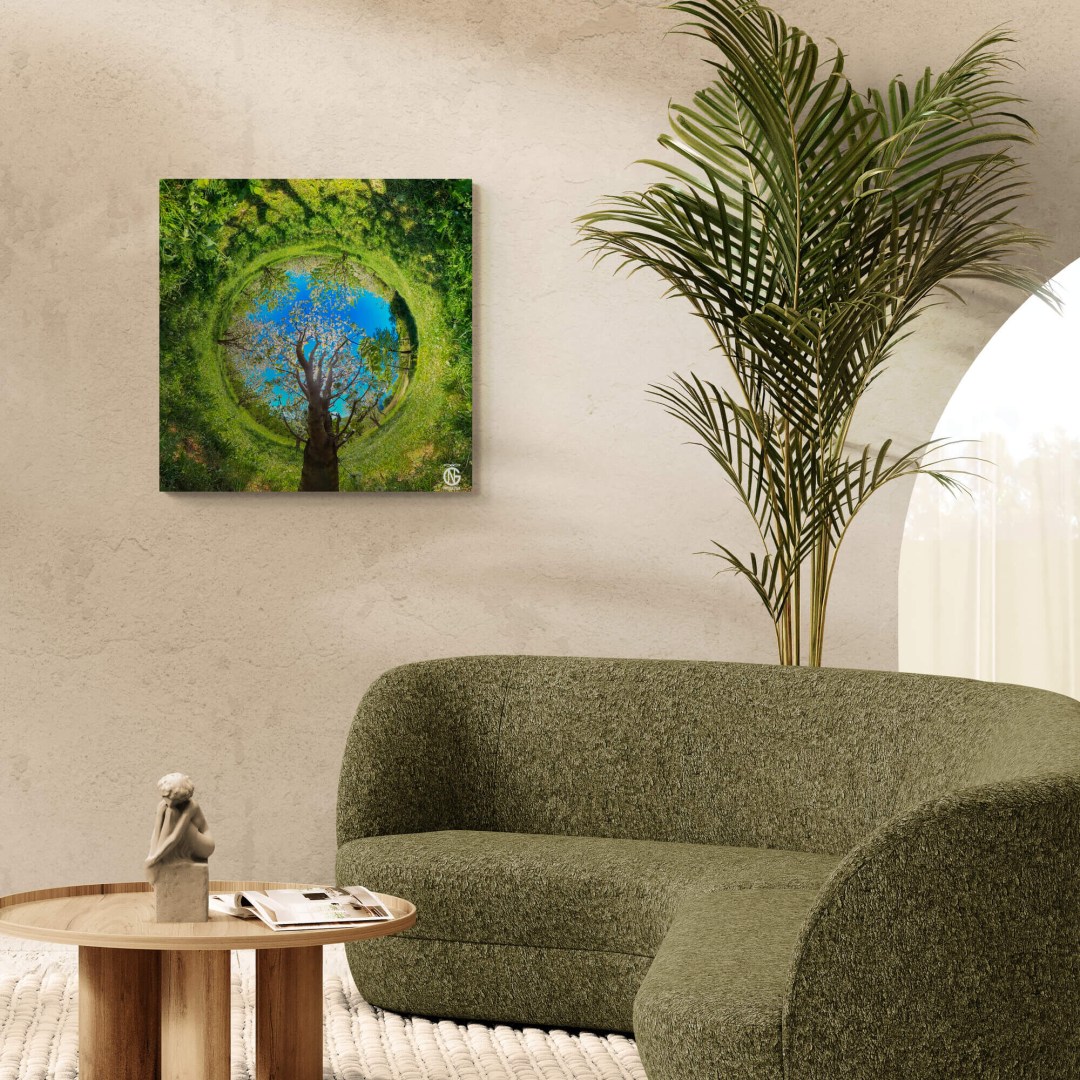 Cherry-orchard 360° canvas as a biophilic focal point in a warm living room.