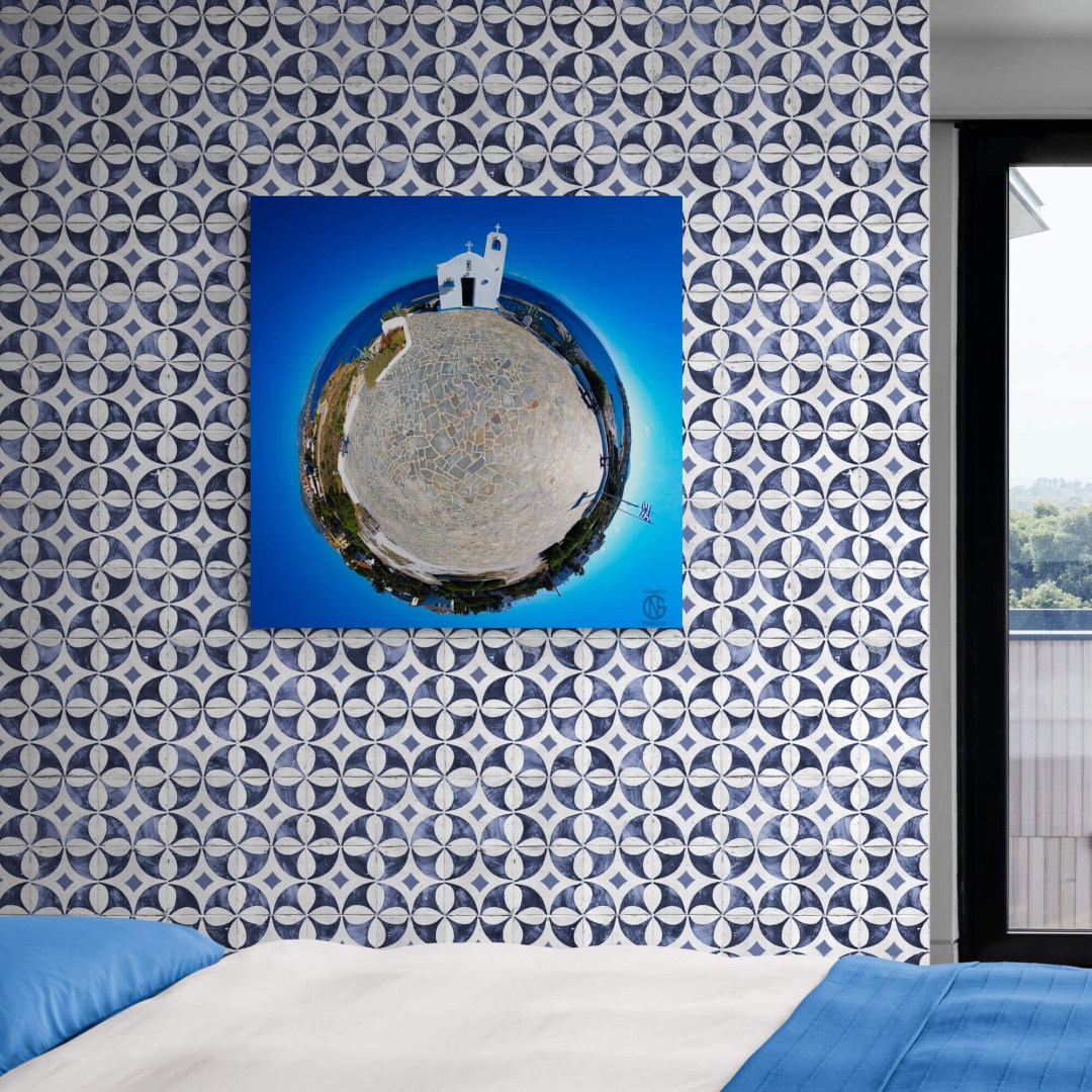 Bedroom with blue-white chapel 360° canvas — Saint Nicholas, Rafina