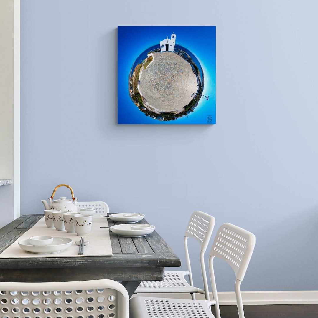 Dining area with Greek chapel 360° canvas — Rafina waterfront